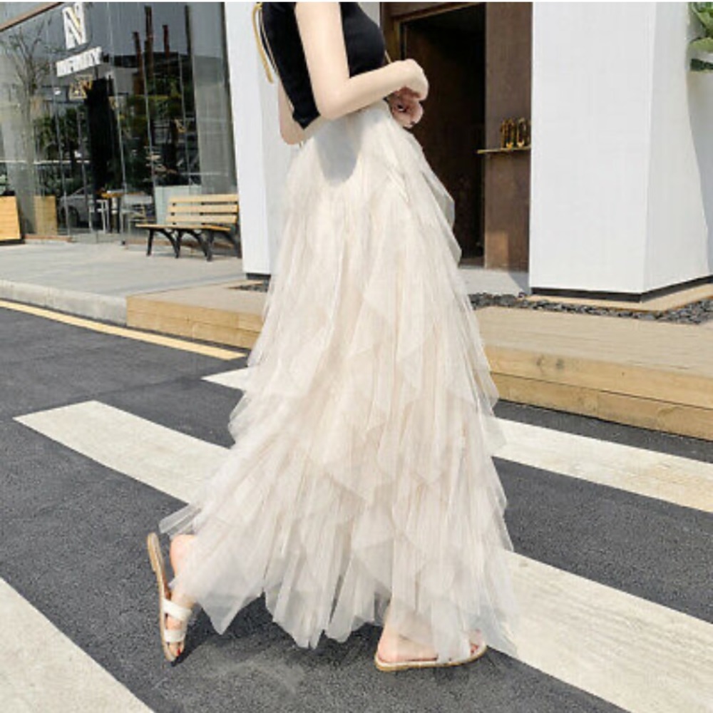 Light Tan Long Maxi Skirt Layered Swing High Waist